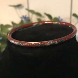 VTG Chinese Cloisonné Enamel Bangle Bracelet Red Base & Floral Design